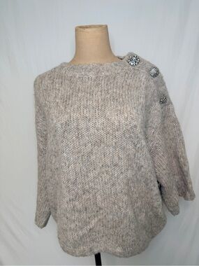 ba&sh Champagne-Beige Crewneck Sweater with Decorative Shoulder Buttons.